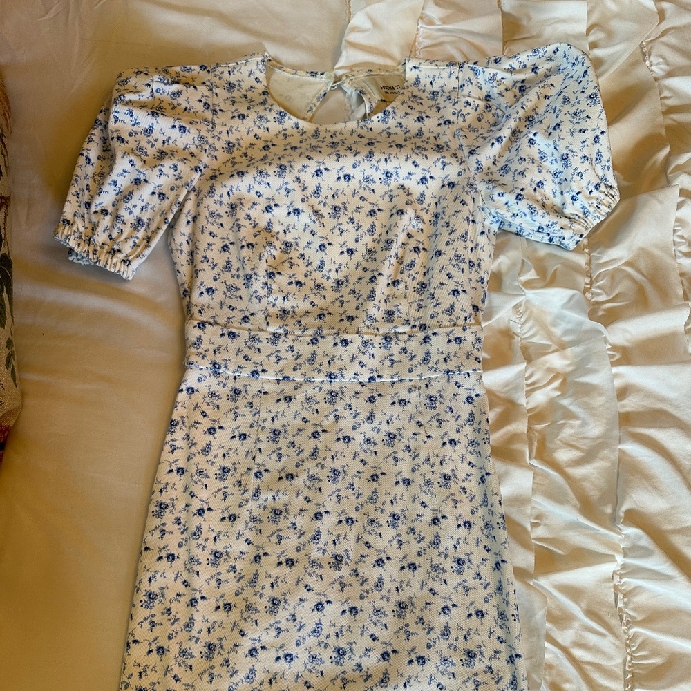 Blue and white floral denim dress